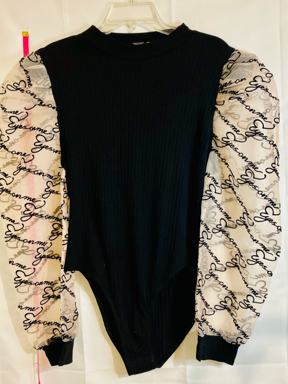 SHEIN Black Ribbed Bodysuit with Cream Script Balloon Sleeves